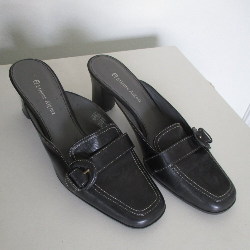 Etienne Aigner Womens Black Leather Slide w/2.5" Heel - Size 8.5M - Picture 3 of 8